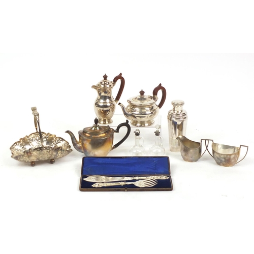 2244 - Silver plate including part silver plated tea set, Garrard & Co teapot and coffee pot, cocktail shak... 