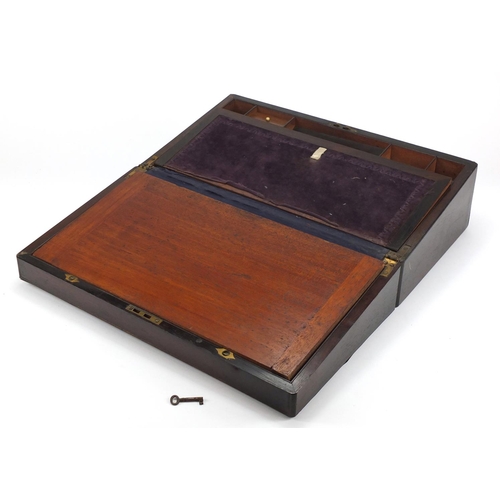 2310 - Victorian rosewood writing slope with fitted interior and brass cartouche, 16cm H x 45cm W x 255cm D