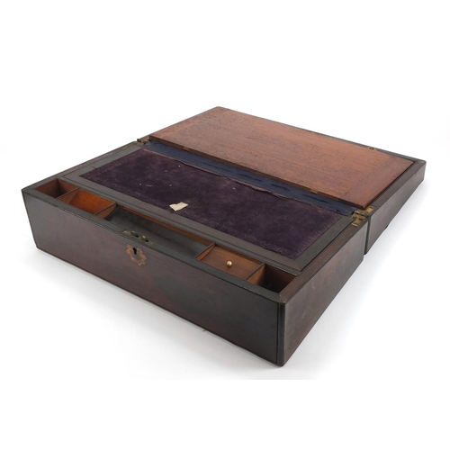 2310 - Victorian rosewood writing slope with fitted interior and brass cartouche, 16cm H x 45cm W x 255cm D