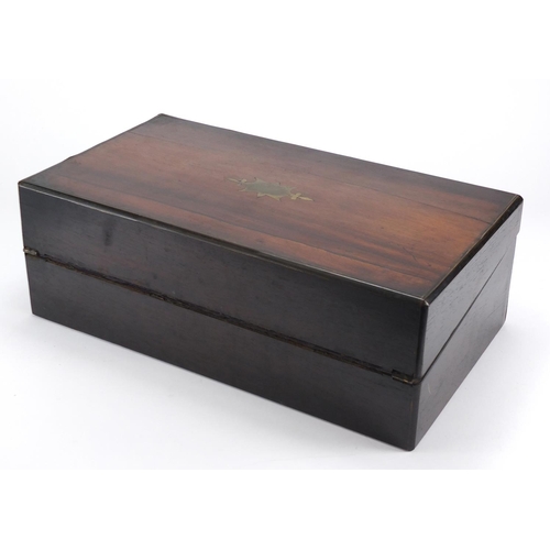 2310 - Victorian rosewood writing slope with fitted interior and brass cartouche, 16cm H x 45cm W x 255cm D