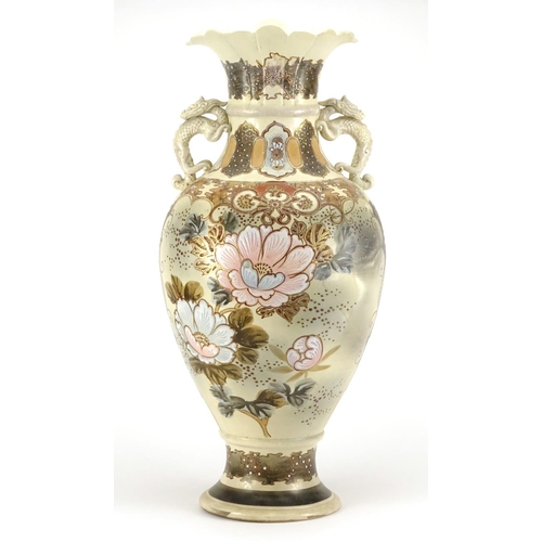 419 - Large Japanese Satsuma pottery vase with twin dragon handles, hand painted with flowers, 58.5cm high