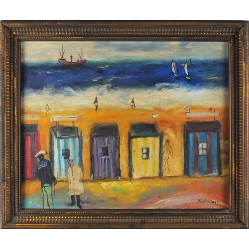 301 - Beach scene with boats and figures, Irish school oil on board, bearing a signature Paul Maze, framed... 