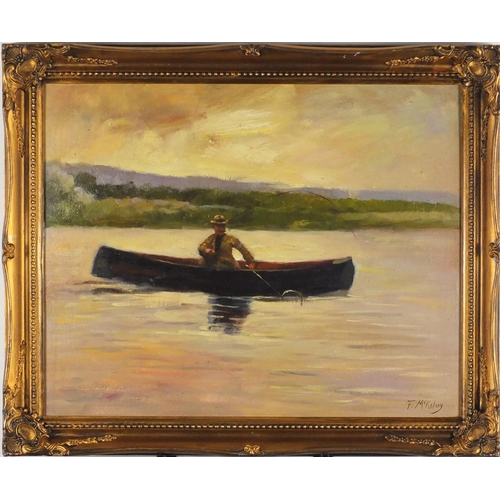 221 - Man fishing in a canoe, Irish school oil on board, bearing a signature F McKelvey, 49cm x 39.5cm