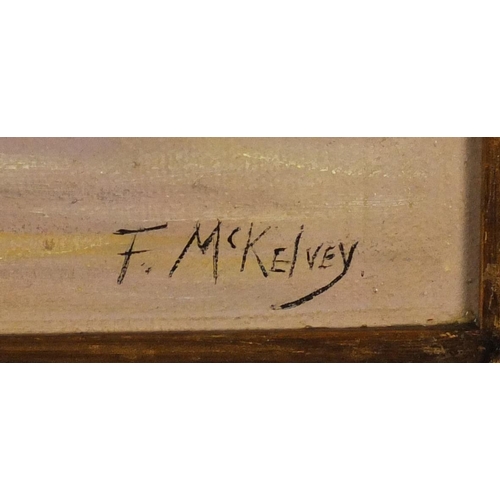 221 - Man fishing in a canoe, Irish school oil on board, bearing a signature F McKelvey, 49cm x 39.5cm