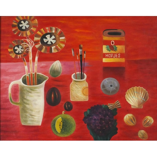 479 - After Mary Fedden - Still life fruit and vessels, oil, framed, 48.5cm x 38.5cm