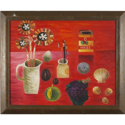 479 - After Mary Fedden - Still life fruit and vessels, oil, framed, 48.5cm x 38.5cm