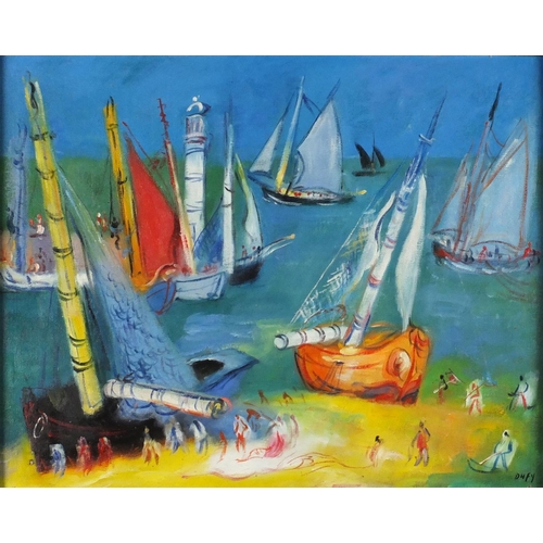 251 - After Raoul Dufy - St. Tropez harbour scene, oil on board, framed, 49.5cm x 39cm