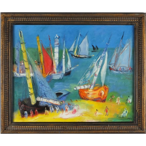 251 - After Raoul Dufy - St. Tropez harbour scene, oil on board, framed, 49.5cm x 39cm