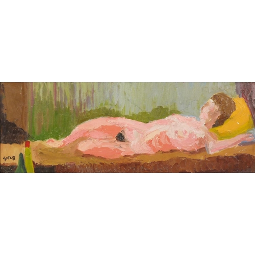 255 - Reclining nude female, oil on board, bearing a signature Gotlib, mounted and framed, 59cm x 21.5cm