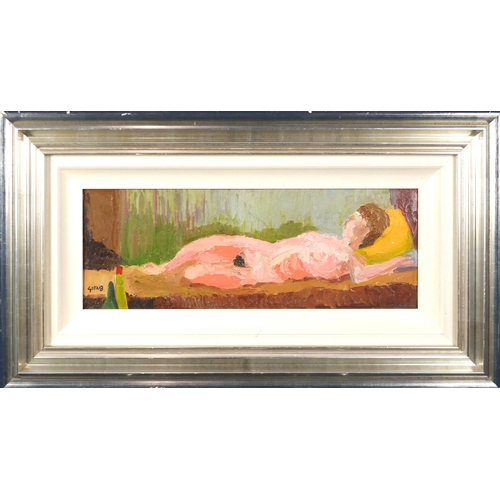 255 - Reclining nude female, oil on board, bearing a signature Gotlib, mounted and framed, 59cm x 21.5cm