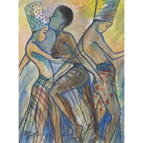 224 - Three semi nude figures, African school watercolour, bearing a signature possibly Ben Enwoniw, mount... 