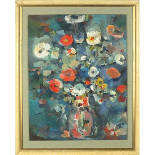 252 - Elizabeth Ardagh - Still life flowers in a vase, oil on board, mounted and framed, 42cm x 32.5cm