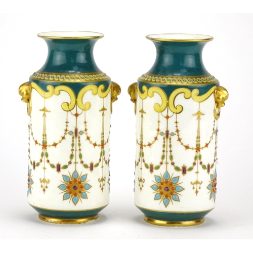 347 - Pair of Victorian jewelled vases with animalia twin handles, in the manner of Christopher Dresser de... 