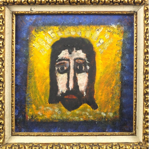 253 - Abstract composition, portrait of Christ, bearing a monogram G R and label verso, mounted and framed... 