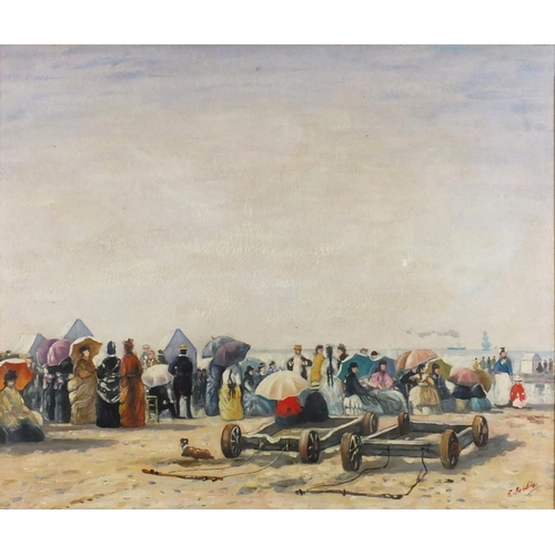 2225 - Figures on a beach, French impressionist oil on board, bearing a signature possibly E Boudin, mounte... 