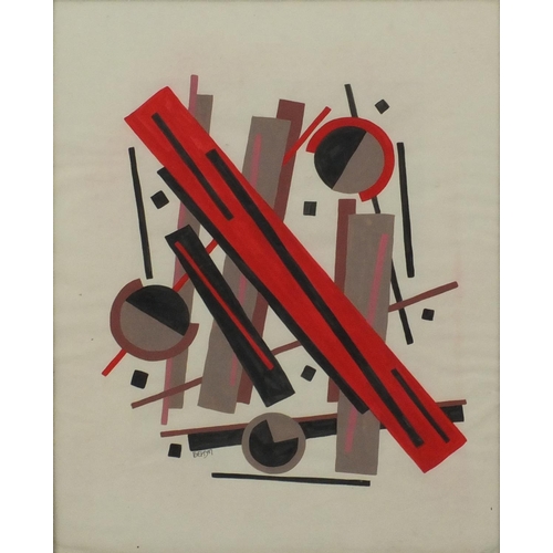 2255 - Abstract composition, geometric shapes, Russian school gouache, bearing a Cyrillic signature, framed... 