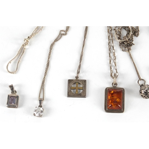 2837 - Silver and white metal jewellery including an amber pendant, necklaces and a Victorian brooch, appro... 