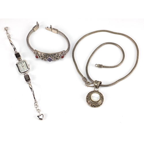 2841 - Silver jewellery including a ladies smoky quartz wristwatch, Mother of pearl pendant on chain and a ... 