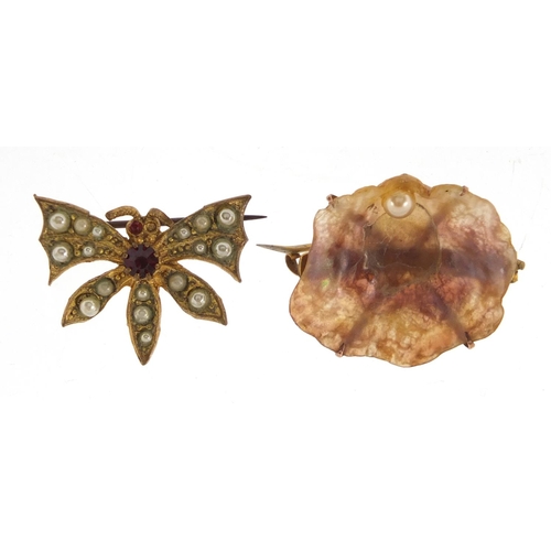 2846 - Mother of Pearl and pearl brooch with gilt metal mount and a gilt metal butterfly brooch
