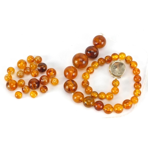 2852 - Amber coloured bead necklace, two brooches and loose beads, approximate weight 38.6g