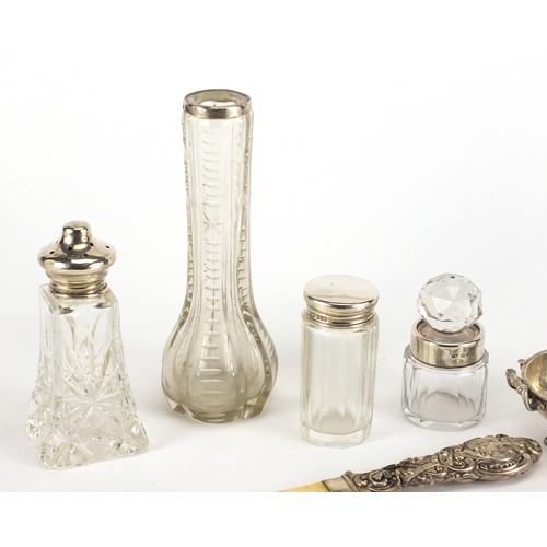 2584 - Objects including a Omar Ramsden style open salt, ivory page turner, mother of pearl fruit knife and... 