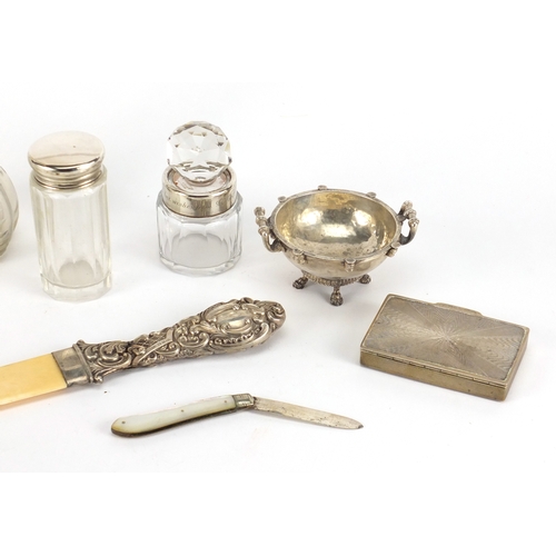 2584 - Objects including a Omar Ramsden style open salt, ivory page turner, mother of pearl fruit knife and... 