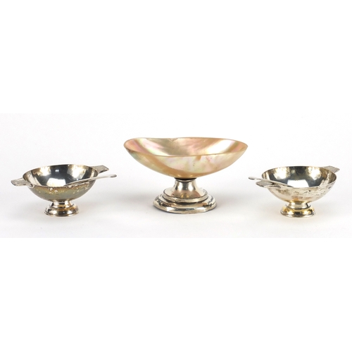 2597 - Pair of Indian silver twin handled open salts with spoons and one other with Mother of Pearl bowl, v... 