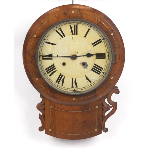 2031 - Victorian rosewood drop dial wall clock, with brass inlay and Roman numerals, 57cm high