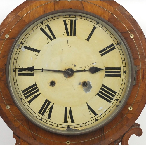 2031 - Victorian rosewood drop dial wall clock, with brass inlay and Roman numerals, 57cm high
