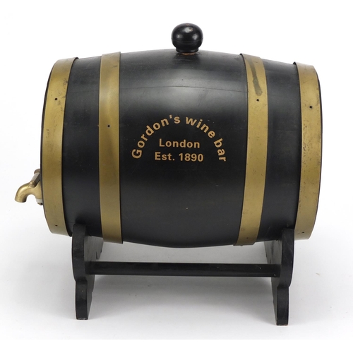 2330 - Gordon's Wine Bar advertising wooden barrel with brass tap,  28cm high x 30cm in length