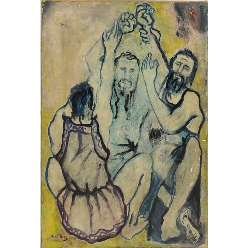 2172 - Three surreal figure, oil on canvas, bearing a signature possibly Marie-Katz, unframed, 102.5cm x 69... 