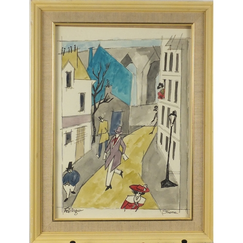 2333 - Street scene with figures, ink and watercolour, bearing a signature Feininger mounted and framed, 34... 