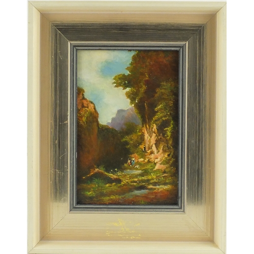 2395 - Two continental scenes and figures in woodland, three German school oils, framed, the largest 27cm x... 