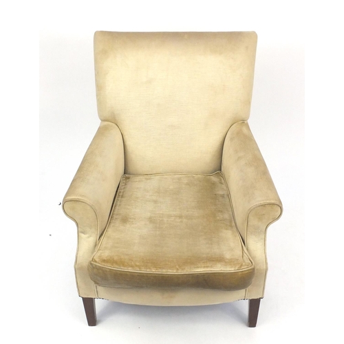 2071 - Beige suede upholstered open armchair on square legs, 97cm high