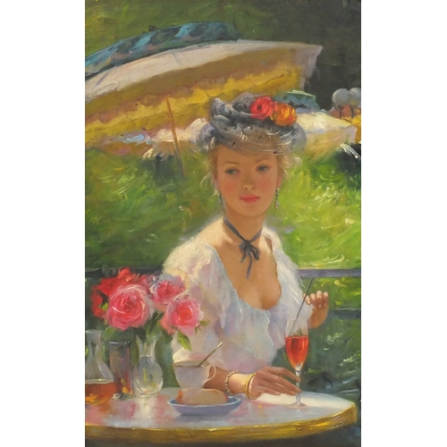 2613 - Female with wine seated under a parasol, Russian school oil on board, bearing a signature possibly K... 