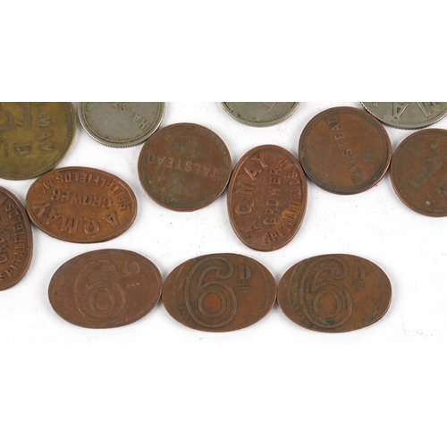 2574 - Antique and later tokens including Halstead and A.Q. May & Sons