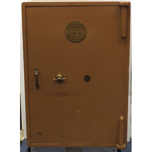 2021 - Victorian Philips & Son of Birmingham cast iron safe with key and brass plaque, 108cm H x 77cm W x 6... 