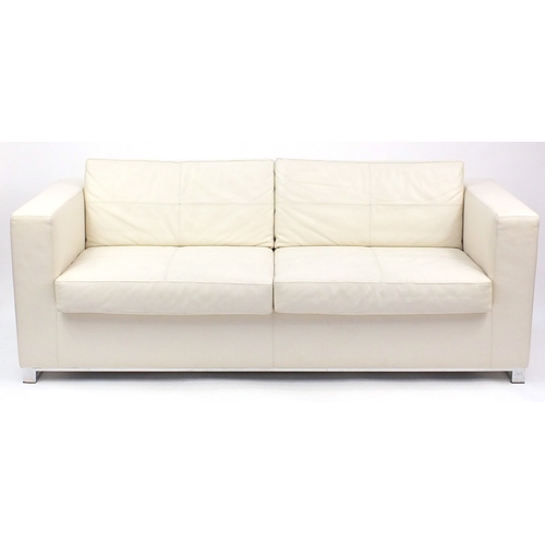 2024 - Contemporary Habitat cream leather sofa bed with chrome feet, 70cm H x 196cm W x 82cm D
