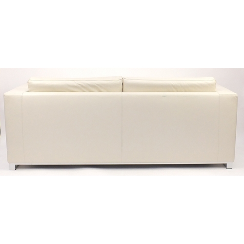 2053 - Contemporary Habitat cream leather sofa bed with chrome feet, 70cm H x 196cm W x 82cm D