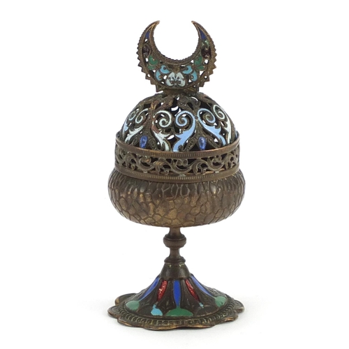 434 - Middle Easteern bronzed metal cloisone pedestal pot and cover, 10.5cm high