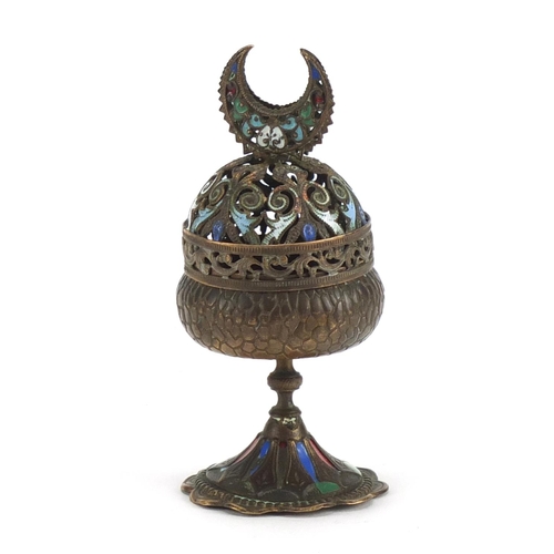 434 - Middle Easteern bronzed metal cloisone pedestal pot and cover, 10.5cm high