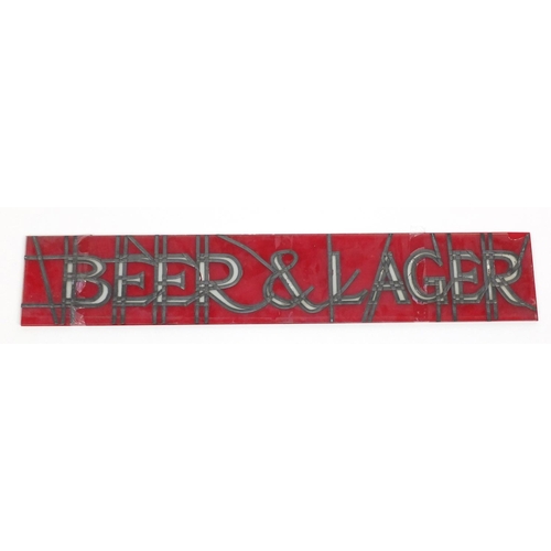 56 - Hand painted glass bar advertising sign with leaded decoration, beer and Lager, 86.5cm x 15.5cm