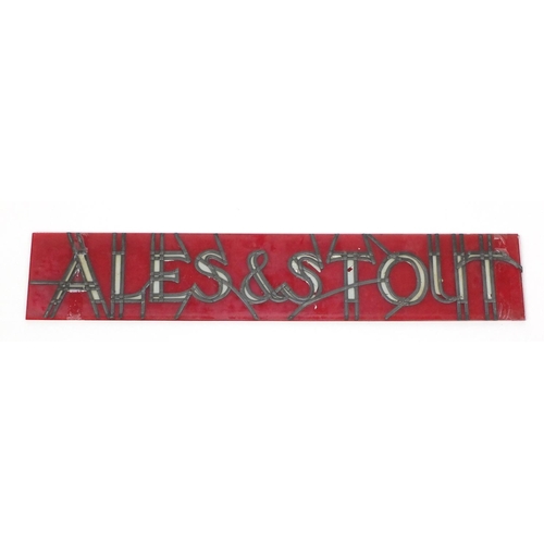 57 - Hand painted glass bar advertising sign with leaded decoration, ales and stout, 86.5cm x 15.5cm