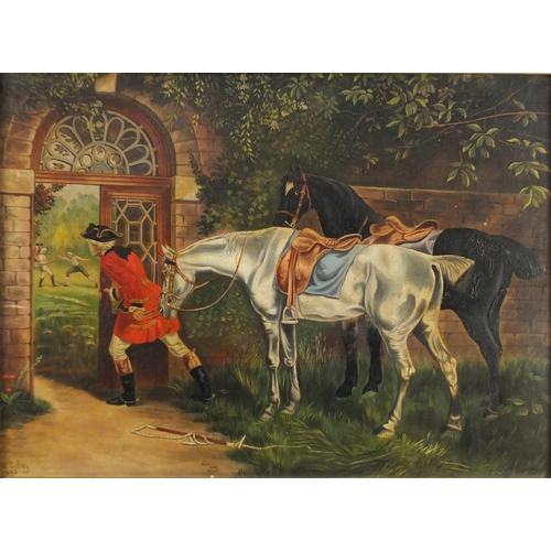 333 - W Colley 1895 - Cavalier with horses before two men fencing, oil on board, label verso, framed, 47.5... 