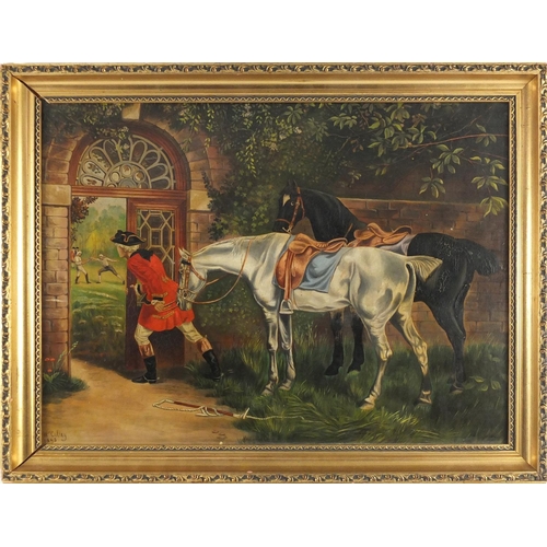 333 - W Colley 1895 - Cavalier with horses before two men fencing, oil on board, label verso, framed, 47.5... 