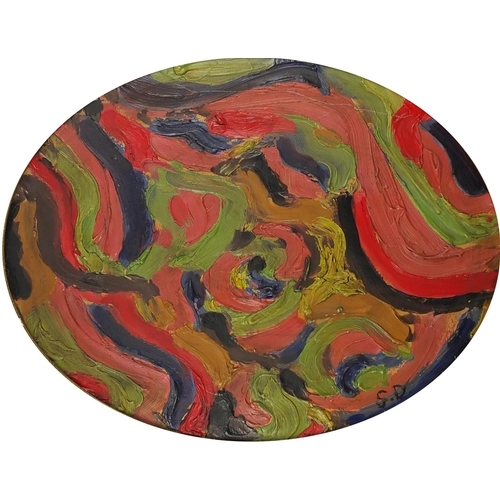 439 - Abstract composition, oval impasto oil on board, bearing a monogram SD and inscription verso, framed... 
