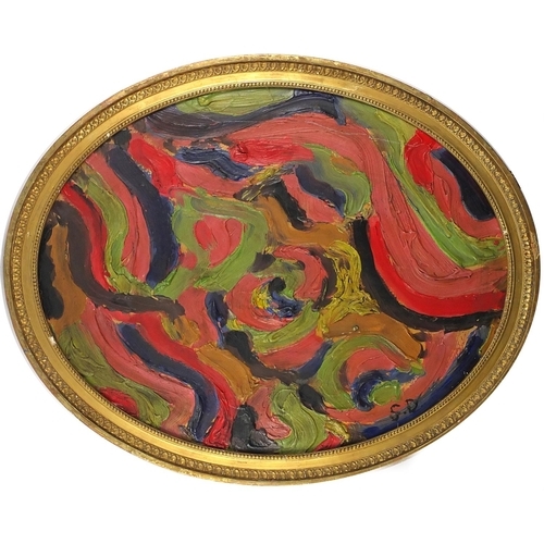 439 - Abstract composition, oval impasto oil on board, bearing a monogram SD and inscription verso, framed... 