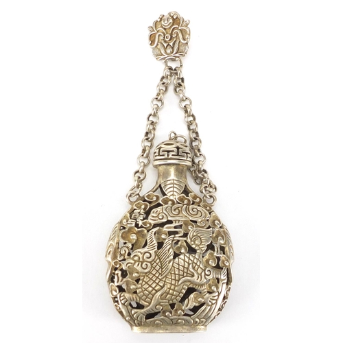 588 - Chinese silver coloured metal chatelaine snuff bottle, decorated with mythical animals, 14cm in leng... 