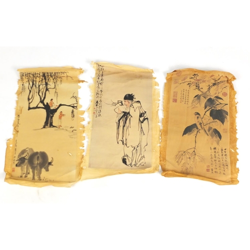 932 - Three Chinese pictures of figures and birds on a branch, the largest 60cm x 31cm