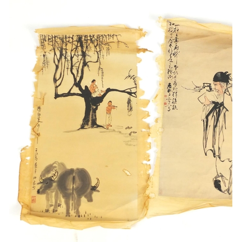 932 - Three Chinese pictures of figures and birds on a branch, the largest 60cm x 31cm